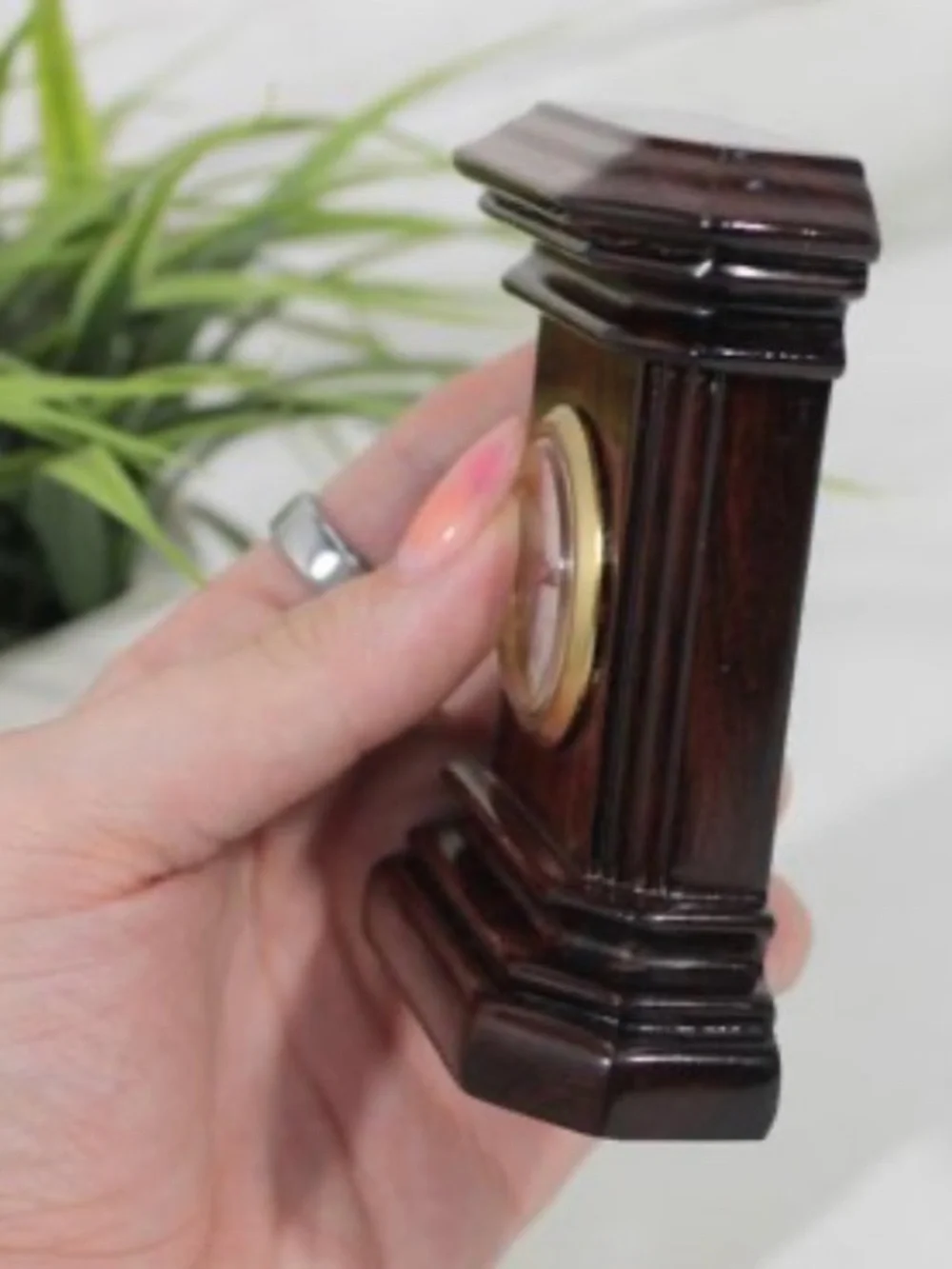 Vintage Miniature Classic Column Wood Mantel Clock 4 inch untested